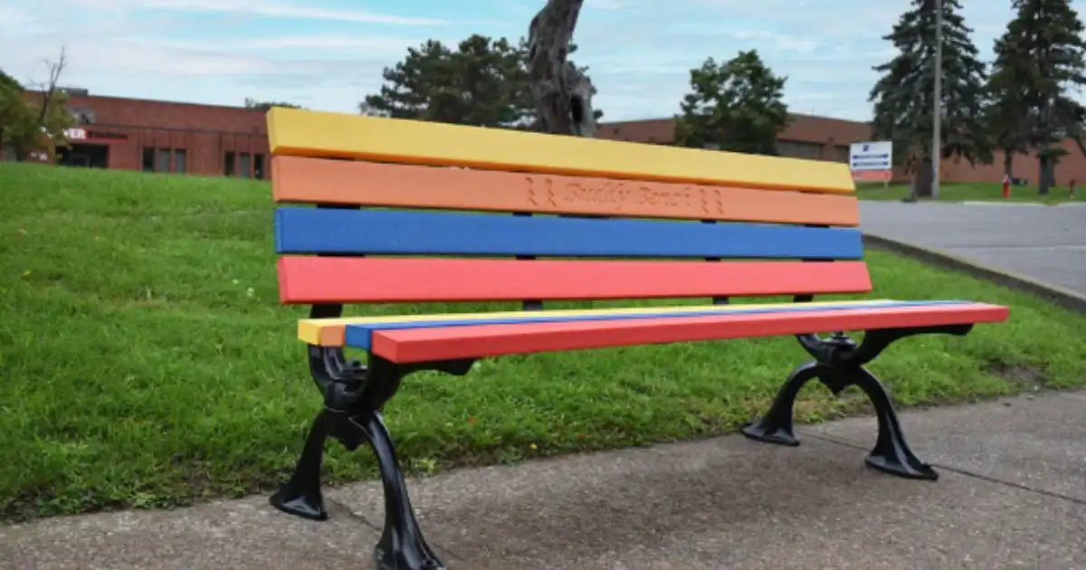 Colorful buddy bench on green lawn